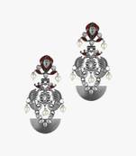 Women silver-plated peacock shaped stone-studded oxidised earrings
