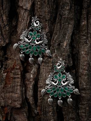 Women silver-plated peacock shapped stone-studded earrings 1