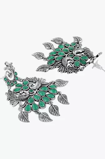 Women silver-plated peacock shapped stone-studded earrings