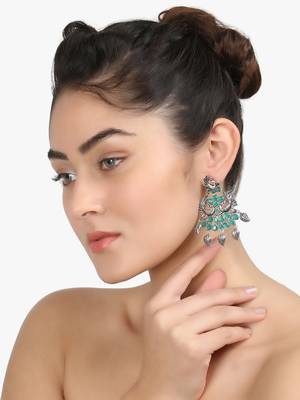 Women silver-plated peacock shapped stone-studded earrings 3