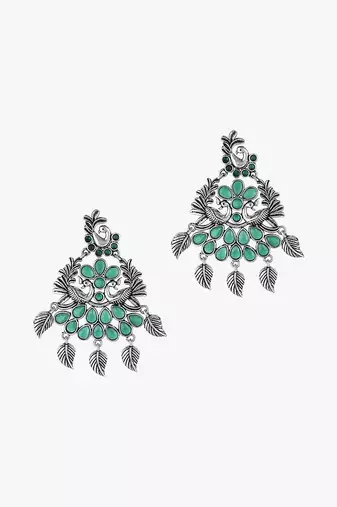 Women silver-plated peacock shapped stone-studded earrings