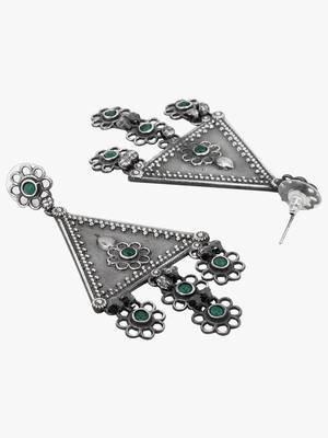 Women silver-plated oxidised stone-studded drop earrings 1