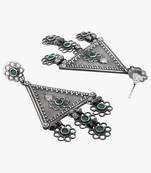 Women silver-plated oxidised stone-studded drop earrings