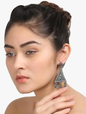 Women silver-plated oxidised stone-studded drop earrings 2