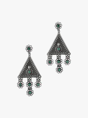Women silver-plated oxidised stone-studded drop earrings 3