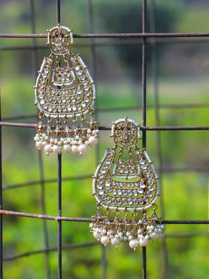 Gold-plated stone-studed pearl-tessel drop earrings 1
