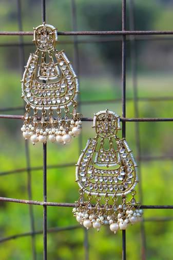 Gold-plated stone-studed pearl-tessel drop earrings