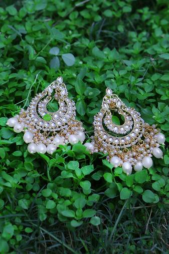 Gold-plated stone-studed pearl-tessel drop earrings