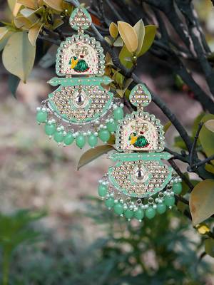 Gold-plated kundan-studed pearl-tessel drop earrings 1