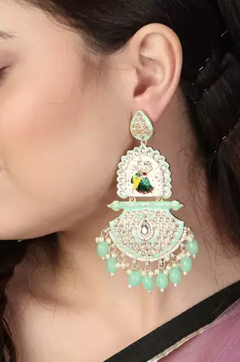 Gold-plated kundan-studed pearl-tessel drop earrings