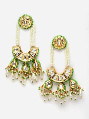Green & gold drop earring with kundan & pearls 3