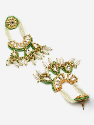 Green & gold drop earring with kundan & pearls 4