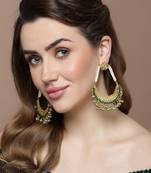 Green & gold drop earring with kundan & pearls