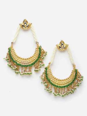 Green & gold drop earring with kundan & pearls 3