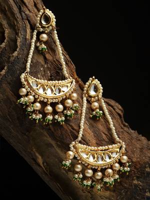 Green & gold drop earring with kundan & pearls 2