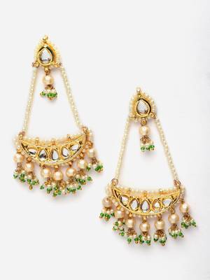 Green & gold drop earring with kundan & pearls 3