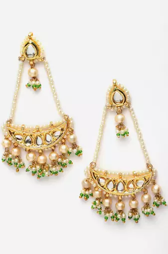 Green & gold drop earring with kundan & pearls