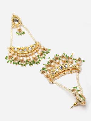 Green & gold drop earring with kundan & pearls 4