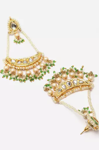 Green & gold drop earring with kundan & pearls