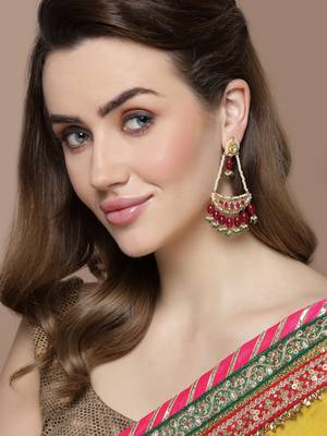 Red & green drop earring with kundan & pearls 1