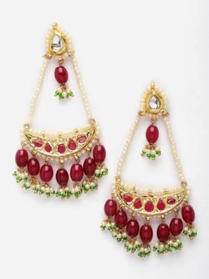 Red & green drop earring with kundan & pearls 3