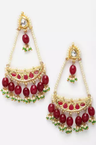 Red & green drop earring with kundan & pearls