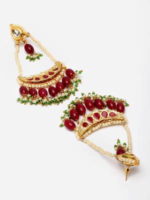Red & green drop earring with kundan & pearls 4