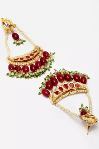 Red & green drop earring with kundan & pearls