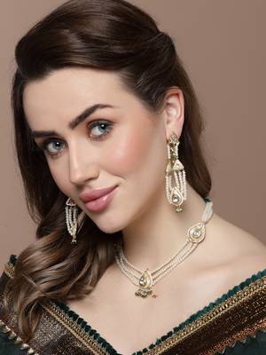 Green & peach drop earring with kundan & american diamond 1