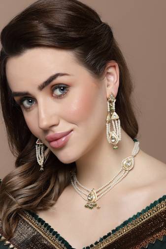 Green & peach drop earring with kundan & american diamond