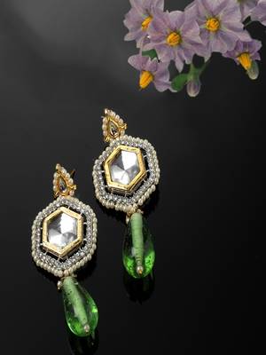 Green & silver drop earring with kundan & american diamond 2