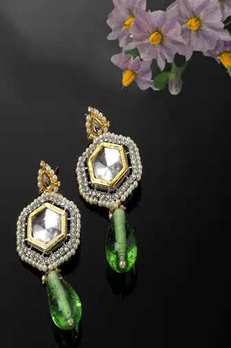Green & silver drop earring with kundan & american diamond