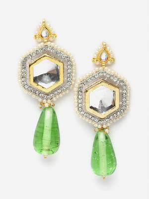 Green & silver drop earring with kundan & american diamond 3