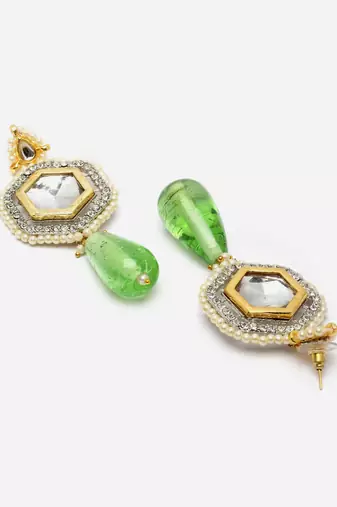 Green & silver drop earring with kundan & american diamond