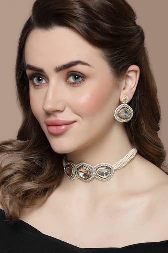 Silver & gold drop earring with kundan & american diamond