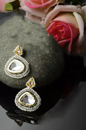 Silver & gold drop earring with kundan & american diamond