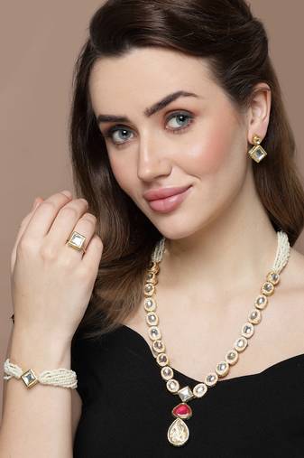 Gold & white drop earring with kundan & natural stones