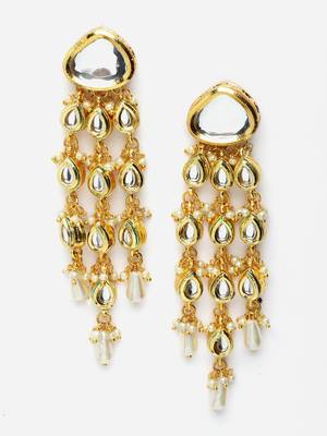 Gold & white drop earring with kundan & pearls 3