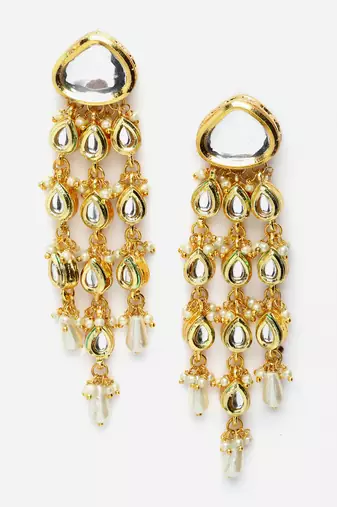 Gold & white drop earring with kundan & pearls
