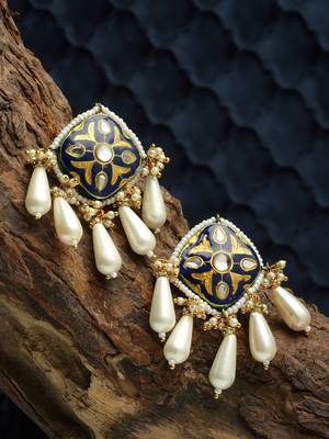 Blue & gold drop earring with kundan & pearls 2