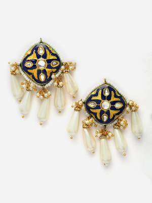 Blue & gold drop earring with kundan & pearls 3