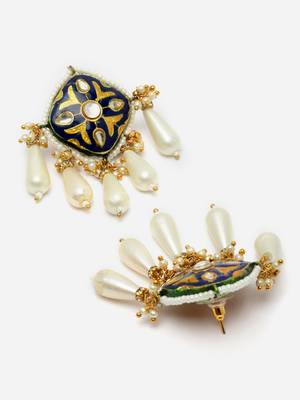 Blue & gold drop earring with kundan & pearls 4