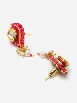 Pink & gold drop earring with kundan & pearls 3
