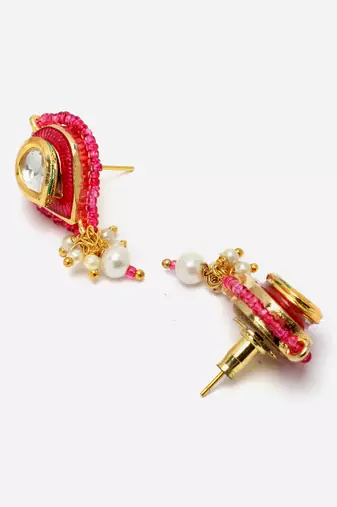 Pink & gold drop earring with kundan & pearls