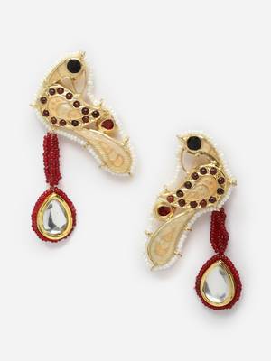 Peach & red drop earring with kundan & pearls 3