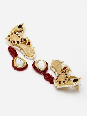 Peach & red drop earring with kundan & pearls 4