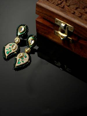 Peach & green drop earring with kundan & pearls 2