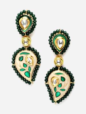 Peach & green drop earring with kundan & pearls 3