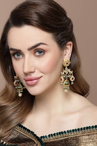 Green & pink drop earring with kundan & pearls