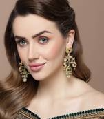 Green & pink drop earring with kundan & pearls